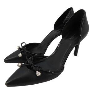 Michael Kors Womens 8.5 Gia Dorsay Heels Black Leather Bow Pearl Charm Shoes